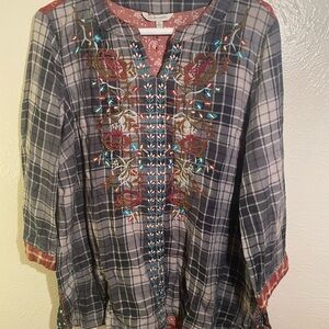 John Mark Gray Plaid Tunic with Floral Embroidery and Rust Accents